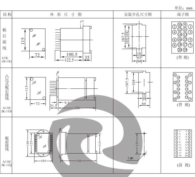 JZY-208，JZJ-208中間繼電器外形及安裝開孔尺寸圖